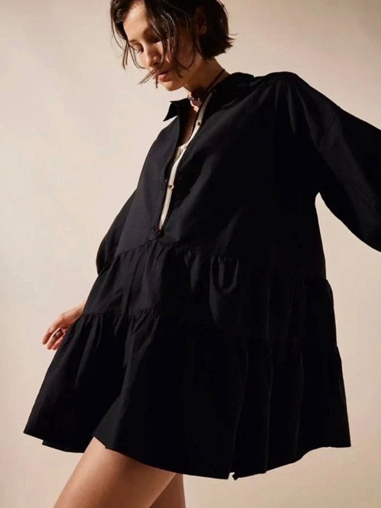 Free People Dresses & Skirts - Free People Black Tiered Button-Front Midi Misha Dress